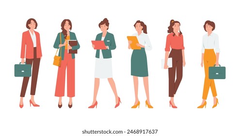 Set collection businesswoman holding briefcase, book, and suitcase with various clothes and poses gestures standing concept illustration