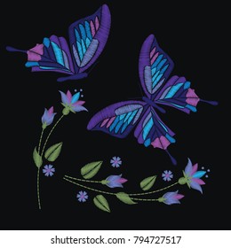 Set collection of butterflies and flowers isolated on dark background. Vector illustration. . Embroidery elements for patches, badges and stickers