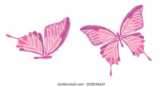 Set collection of butterflies isolated on white background. Vector illustration. Embroidery elements for patches, badges, stickers, greeting cards, patterns, t-shirts.