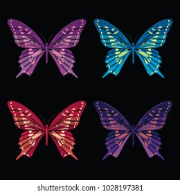 Set collection of butterflies isolated on black background. Vector illustration. Embroidery elements for patches, badges, stickers, greeting cards, patterns, t-shirts.