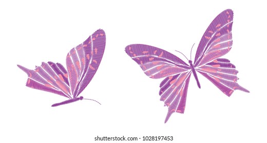 Set collection of butterflies isolated on white background. Vector illustration. Embroidery elements for patches, badges, stickers, greeting cards, patterns.