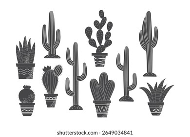 Conjunto coleção Cacti e sukkulents silhuetas monocromáticas ilustração isolada