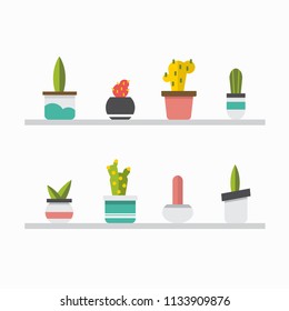 Set of collection cactus on shelve flat design vector illustration for home, garden decoration on white isolated background.