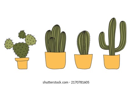 Set of collection cactus plant in a pot.  Icons. Cartoon Illustration. Green and exotic plant. Flat style vector illustration.