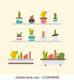 Set of collection cactus in pot and on shelve flat design vector illustration for home, garden decoration.