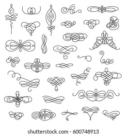 Set collection of calligraphic elements and page decorations.Can be used for decorate cards, invitations, create wallpapers, templates, border, decorate books and letters. Vector illustration.