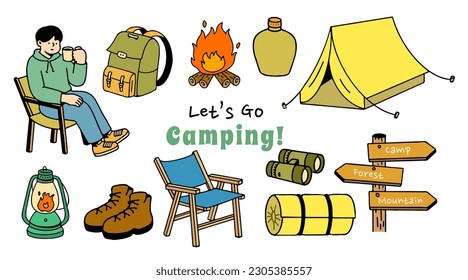 Establecer la colección de elementos y caracteres de camping. Camping. La aventura natural clipart. elemento aislado, estilo dibujado a mano, ilustración vectorial.