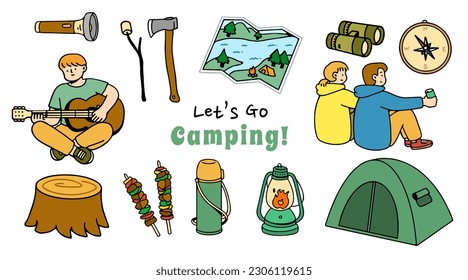 Establecer la colección de elementos y caracteres de camping. Camping. La aventura natural clipart. elemento aislado, estilo dibujado a mano, ilustración vectorial.