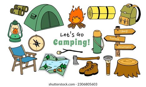 Establecer la colección de elementos y caracteres de camping. Camping. La aventura natural clipart. elemento aislado, estilo dibujado a mano, ilustración vectorial.