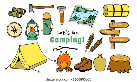 Set collection of camping items and characters. Camping. Adventure nature clipart. isolated element, hand-drawn style, vector illustration.