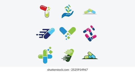 Set collection of Capsule pill medicine drug logo icon.