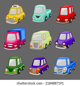 set a collection of cartoon cars with different models and colors and cutely shaped adorable
