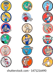Set or Collection of cartoon character icon style illustration of mechanic, technician, tireman, auto mechanic or industrial worker set inside circle shape on isolated white background.