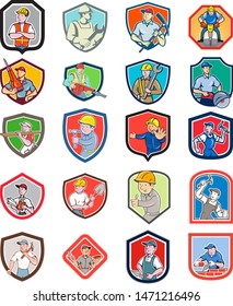 Set or Collection of cartoon character icon style illustration of construction worker, carpenter,engineer or builder set in crest or shield on isolated white background.