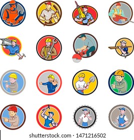 Set or Collection of cartoon character icon style illustration of bust of construction worker, carpenter,engineer or builder at work set inside circle, round or oval shape on isolated white background