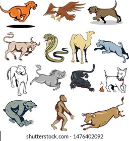 Set or collection of cartoon character mascot style illustration of farm animal and wildlife like dog, cow, bear, ape, eagle, camel, snake, wild boar and panther on isolated white background.