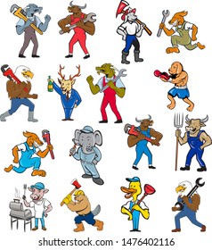 Set or collection of cartoon character mascot style illustration of different animals like bull, dog, elephant, deer as tradesman worker holding tool on isolated white background.