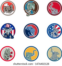 Set or collection of cartoon character mascot style illustration of an elephant head set inside circle or oval shape on isolated white background.