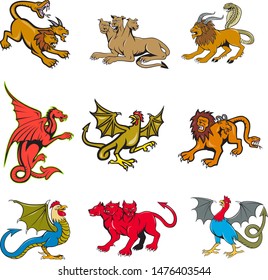 Set or collection of cartoon character mascot style illustration of mythical creatures like the chimera, cerberus, dragon and basilisk on isolated white background.