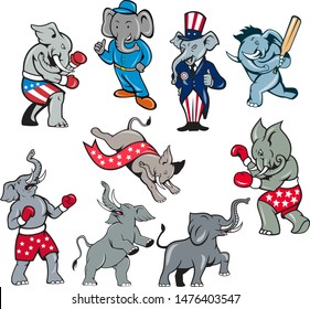 Set or Collection of cartoon character mascot style illustration of an elephant in various poses and positions on isolated white background.