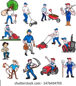 Set or collection of cartoon character mascot style illustration of a agricultural worker, gardener or farmer riding tractor, ride-on lawnmower, mower, holding scythe, shovel tool on isolated white ba