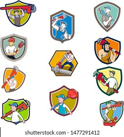 Set or collection of cartoon character mascot style illustration of a plumber contractor in overalls and hat carrying monkey wrench and toolbox set in crest or shield on isolated white background.