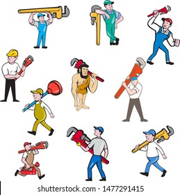 Set or collection of cartoon character mascot style illustration of a plumber contractor in overalls and hat carrying monkey wrench and toolbox walking, running and standing on isolated background.