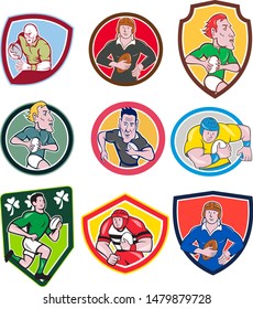 Set or collection of cartoon character mascot style illustration of rugby union or rugby league player running, passing pigskin ball set in circle icon or crest shield on isolated white background.