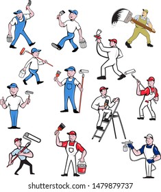 Set or collection of cartoon character mascot style illustration of house or domestic painter, builder, handyman, decorator, contractor or renovator on isolated white background.