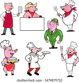 Set or collection of cartoon character mascot style illustration of pig, hog or boar as worker, chef, cook, butcher, waiter, cowboy, soldier, military personnel, general on isolated white background.