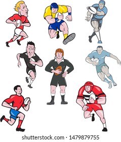 Set or collection of cartoon character mascot style illustration of rugby union or rugby league player running, passing pigskin ball on isolated white background.