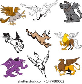 Set or collection of cartoon character mascot style illustration of legendary, mythical, mythological creature or fabulous beast  like the hipogriff, griffin, jackalope, kludde wolf and pegasus.