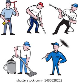 Set or collection of cartoon character mascot style illustration of a window cleaner, janitor, chimney sweeper, janitor and pressure spray washer full body on isolated white background.