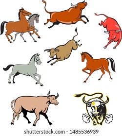 Set or collection of cartoon character mascot style illustration of farm animals such as horse, cow, bull, cattle, texas longhorn bull charging on isolated white background.