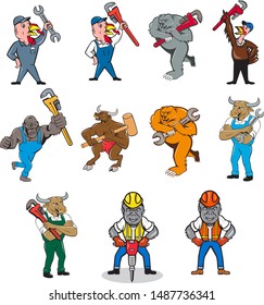 Set or collection of cartoon character mascot style illustration of an animal tradesman like a turkey, bear, bull, gorilla that is a plumber, mechanic and construction worker on isolated background.