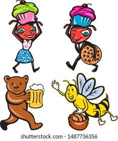 Set or collection of cartoon character mascot style illustration of animals with food like ant carrying cookie and muffin, bear serving beer and honeybee with bread on isolated white background.