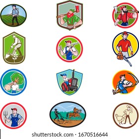 Set or collection of cartoon character mascot style illustration of farmer, gardener, agriculturist, horticulturist, landscaper, lumberjack set in circle or crest on isolated white background.