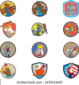 Set collection of cartoon character mascot illustration of animal tradesman industrial workers like bull, elephant, american eagle, dog, bulldog, cow, beaver, bird set in circle crest on isolated.