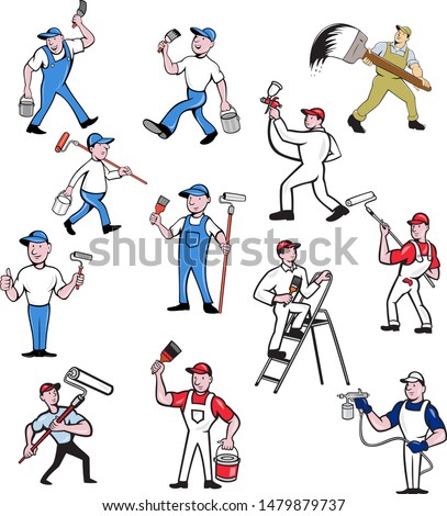 Set or collection of cartoon character mascot style illustration of house or domestic painter, builder, handyman, decorator, contractor or renovator on isolated white background.