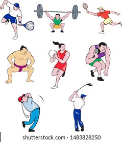 Set or collection of cartoon character sport mascot style illustration of a sumo wrestler, tennis player, weightlifter, netball player, shotput and golfer on isolated white background.