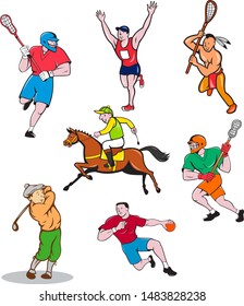 Set or collection of cartoon character sports mascot style illustration of lacrosse player, marathon runner, handball player, golfer, jockey or equestrian on isolated white background.