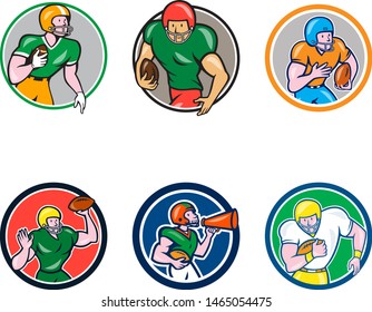 Set or Collection of cartoon character style illustration of American football player like quarterback, running back, center,wide receiver,tackle, guard set inside circle on isolated white background.