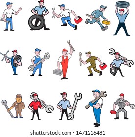 Set or Collection of cartoon character style illustration of mechanic, technician, tireman, auto mechanic or industrial worker in full body on isolated white background.