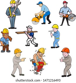 Set or Collection of cartoon character style illustration of construction worker, carpenter,engineer or builder at work in full body on isolated white background.