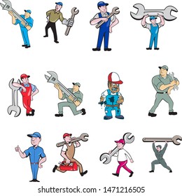 Set or Collection of cartoon character style illustration of mechanic, technician, tireman, auto mechanic or industrial worker in full body on isolated white background.