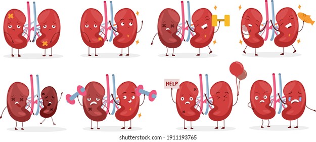 Set, collection of cartoon doodle kidney character, nice and smiling, doing different activities to keep themselves healthy. World kidney day illustrations.