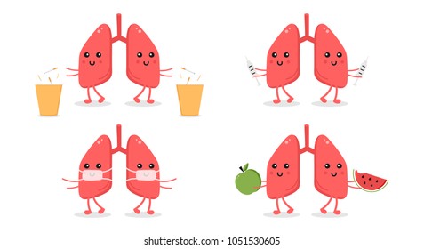 Set, collection of cartoon doodle lungs character, nice and smiling, doing different things to keep themselves healthy and avoid tuberculosis. World tuberculosis day illustrations.
