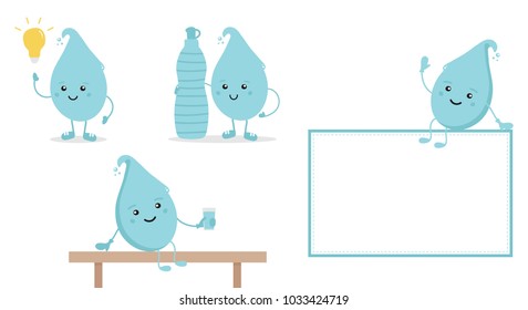 Set, collection of cartoon doodle water characters with bottle and glass of water, promoting the idea of hydrate yourself properly, do not forget about drinking water.