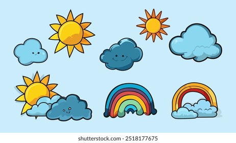 Conjunto de coleção de objetos de desenho animado sol nuvem arco-íris vários padrões. Ilustração vetorial