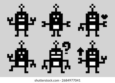 Set Sammlung Cartoon Pixel Kunst des humanoiden Roboter oder ai Learning Geschicklichkeit Roboter Automatisierung Chat Roboter Business Vektor Charakter Technologie Hintergrund 8-Bit-Kunst.